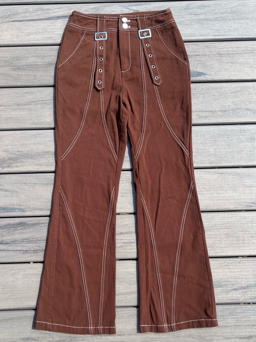 Cider; Chocolate Brown; Kick-Flare Trousers; White Stitching; Decorative Buckles